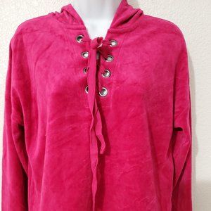 Pink Rose Velvet Hoodie Sweatshirt Pink Lace Up Front with Hood Size Medium NEW!